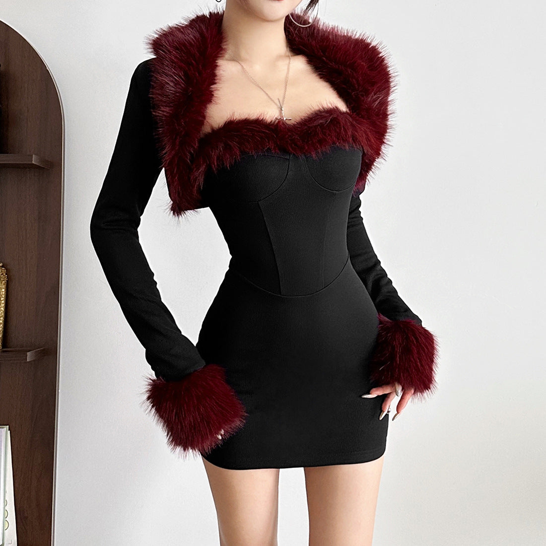Autumn Winter Women Clothing Sexy Dignified Sense of Design Plush Stitching Long Sleeve Narrow Dress Set for Women by Ragazza