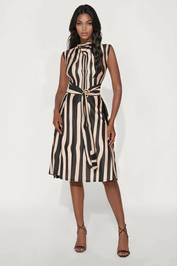 Pile Collar Striped Printed Sleeveless Elegant Waist Tea Break Daily Women Dress Midi Dress by Ragazza