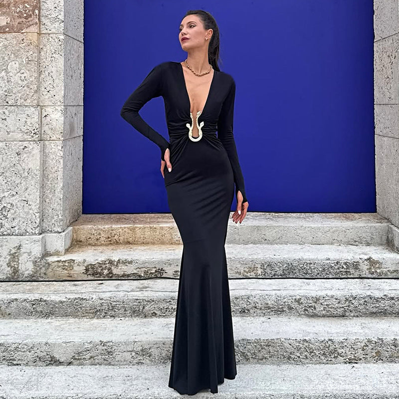 Women Clothing Autumn Solid Color Sexy Deep V Plunge neck Hollow Out Cutout Slim Long Sleeve Dress by Ragazza