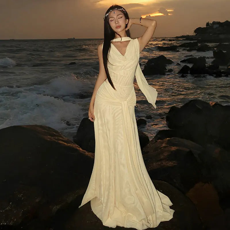 Women Clothing Winter Sexy Backless Gauzy Slim Fit Patchwork Tied Dress Women