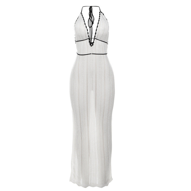 Autumn Winter Women Color Contrast V Neck Halter Lace Up Backless Knitted Dress DestGlow