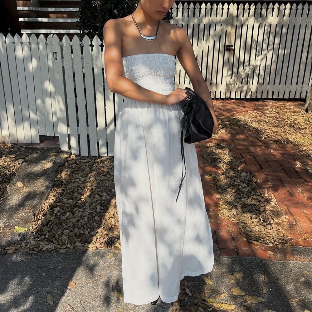 Purified Cotton Tube Top Dress Summer Vacation off the Shoulder Pleated High Waist Maxi Dress DestGlow