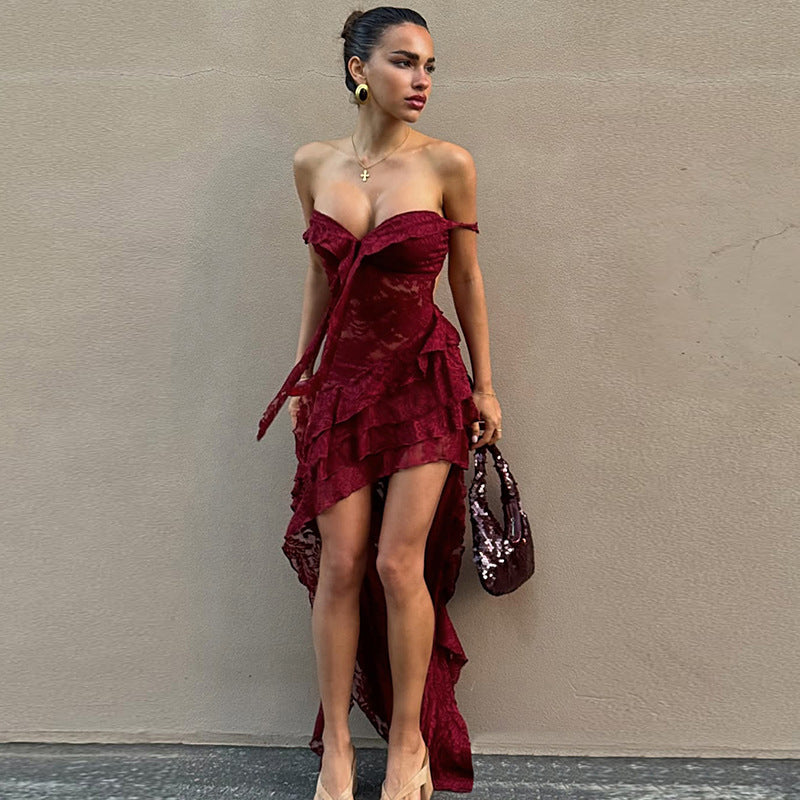 Women Clothing Summer Lace Sexy Slim Fit Tied Hollow Out Cutout out See through Irregular Asymmetric Tube Top Dress by Ragazza