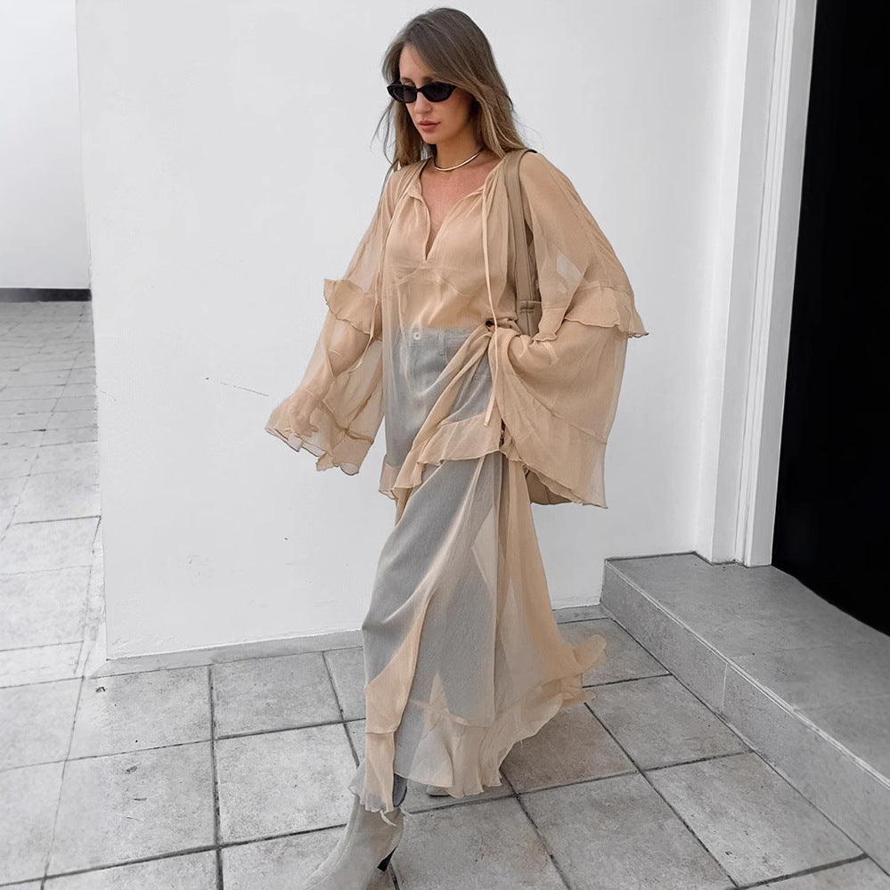 Khaki Autumn Winter Batwing Sleeve Dress Sun Protective Blouse Maxi Dress for Women by Ragazza