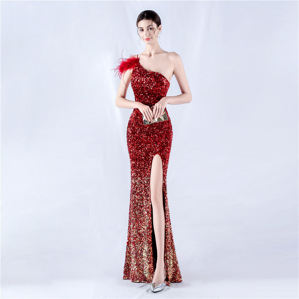 Dress Gradient Velvet Bottom Sequin Craft Order Ostrich Feather One Shoulder Diagonal Collar High Fork Evening Dress by Ragazza