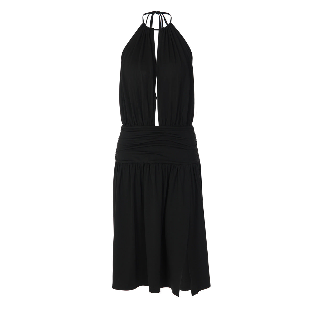 Women Sexy Deep V Plunge neck Bare Back Halter Strap Pleated Waist Tight Slit Dress by Ragazza