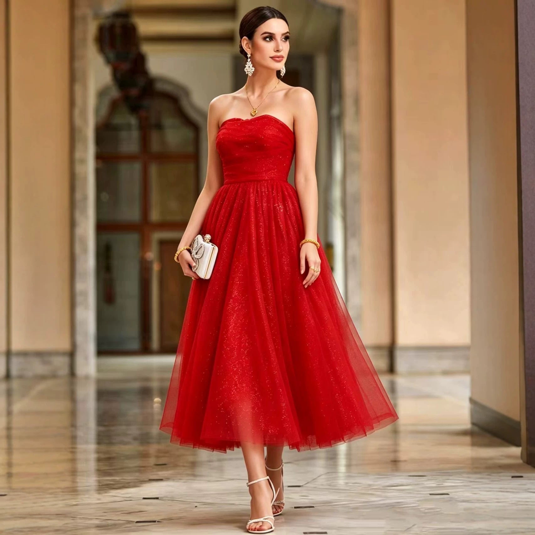 French off Shoulder Red Toast Dress Evening Gown DestGlow
