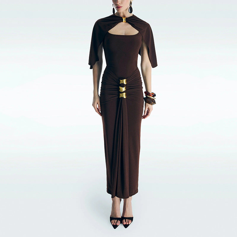 Elegant Lady Shawl Dress Summer Solid Color Stitching Metal Buckle Tight Waist Slim Hip Dress DestGlow
