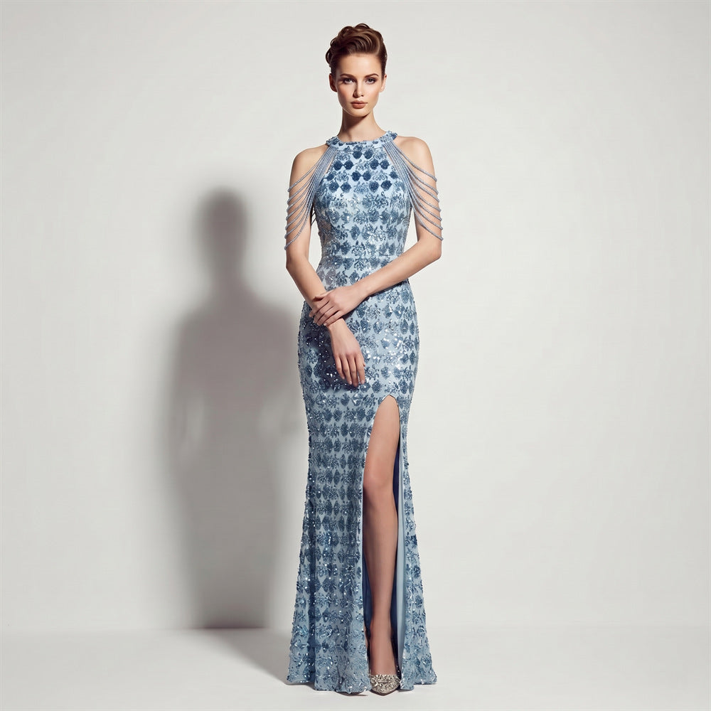Evening Dress Sequ High Slit Tassel Shoulder Chain Cocktail Party Long Dress by Ragazza