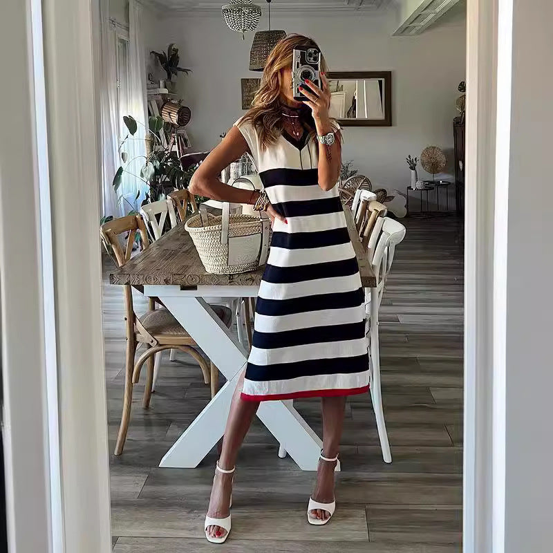 Dress Summer Striped V Neck Slit Hemline At Hem Casual Loose Dress by Ragazza