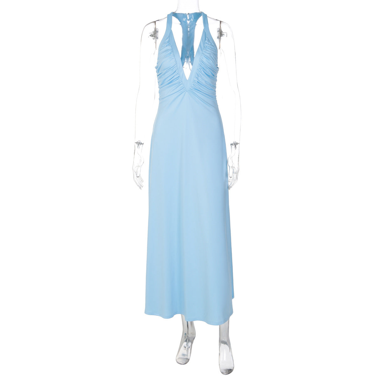 Women Clothing Summer Sexy Deep V Plunge neck Backless Hollow Out Cutout Large Swing Solid Color Dress DestGlow