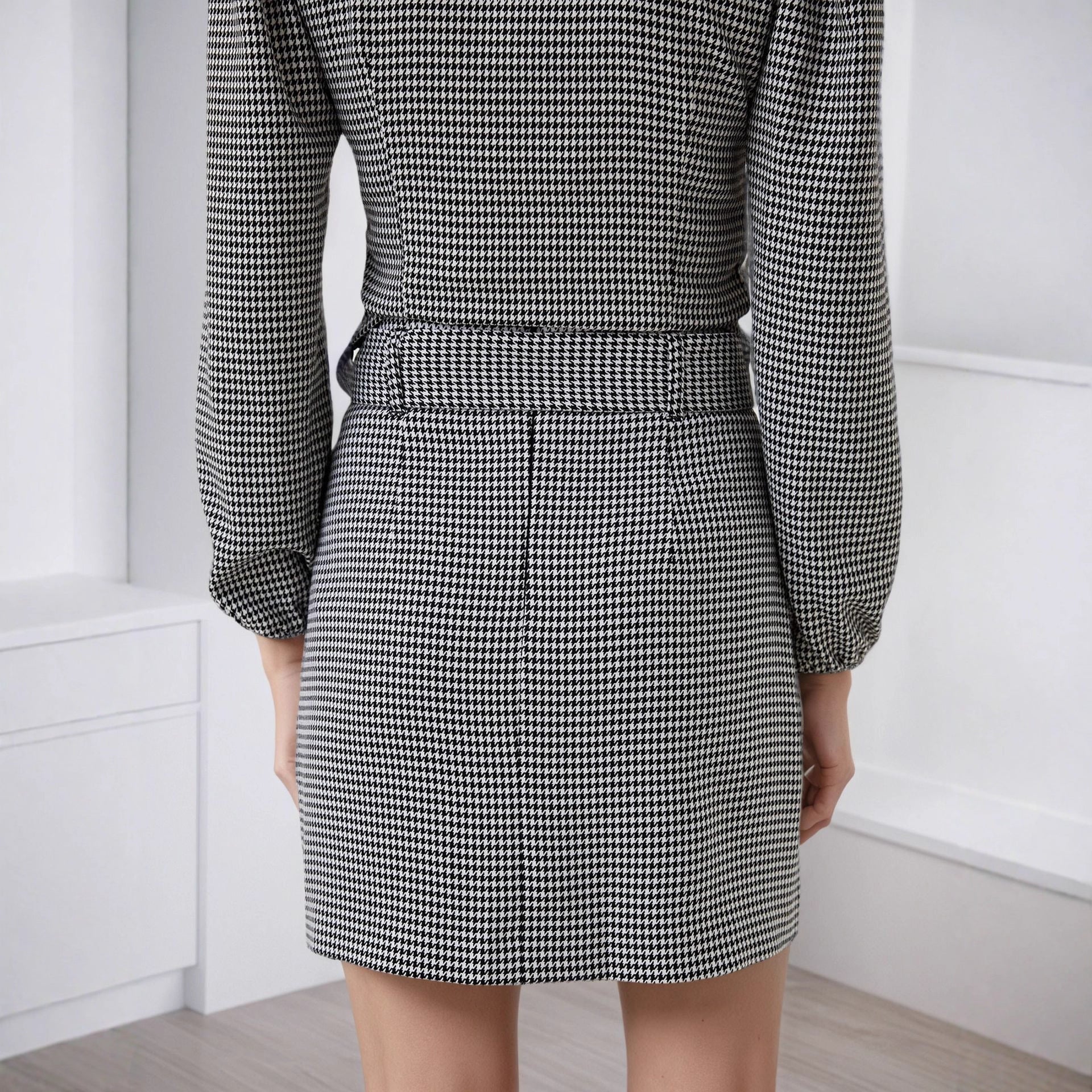 Autumn Retro Houndstooth Elegant V neck with Belt Waist Slimming Short Dress DestGlow