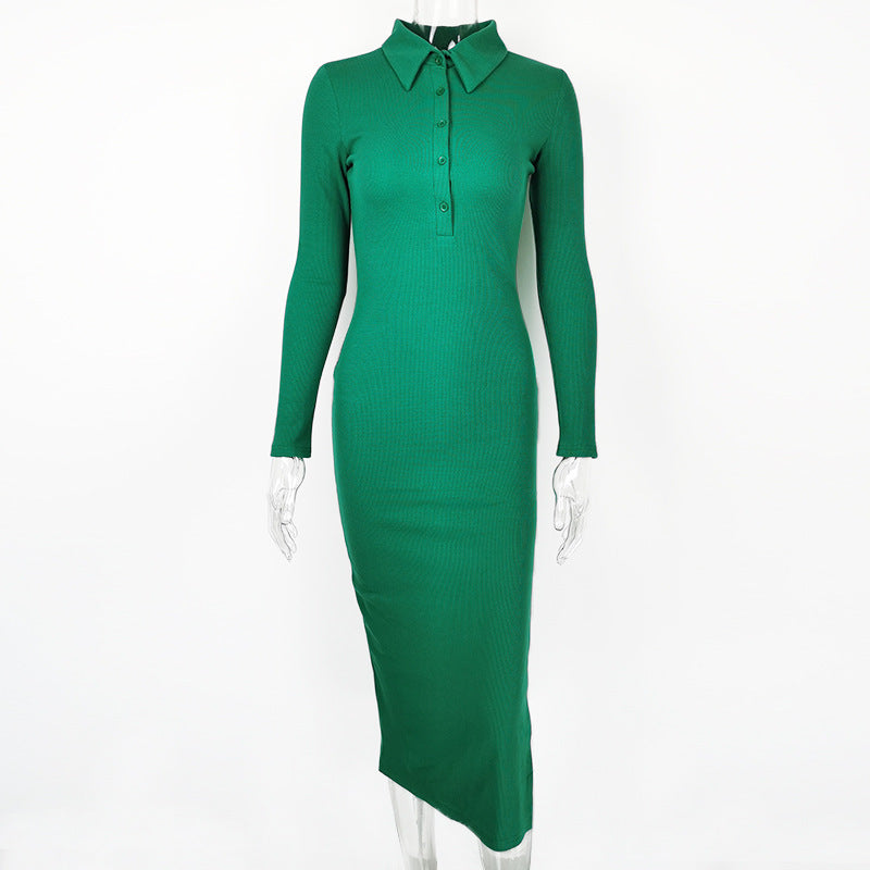 Autumn Winter Women Clothing Sexy Slit Slim Rib Button Long Sleeve Dress by Ragazza