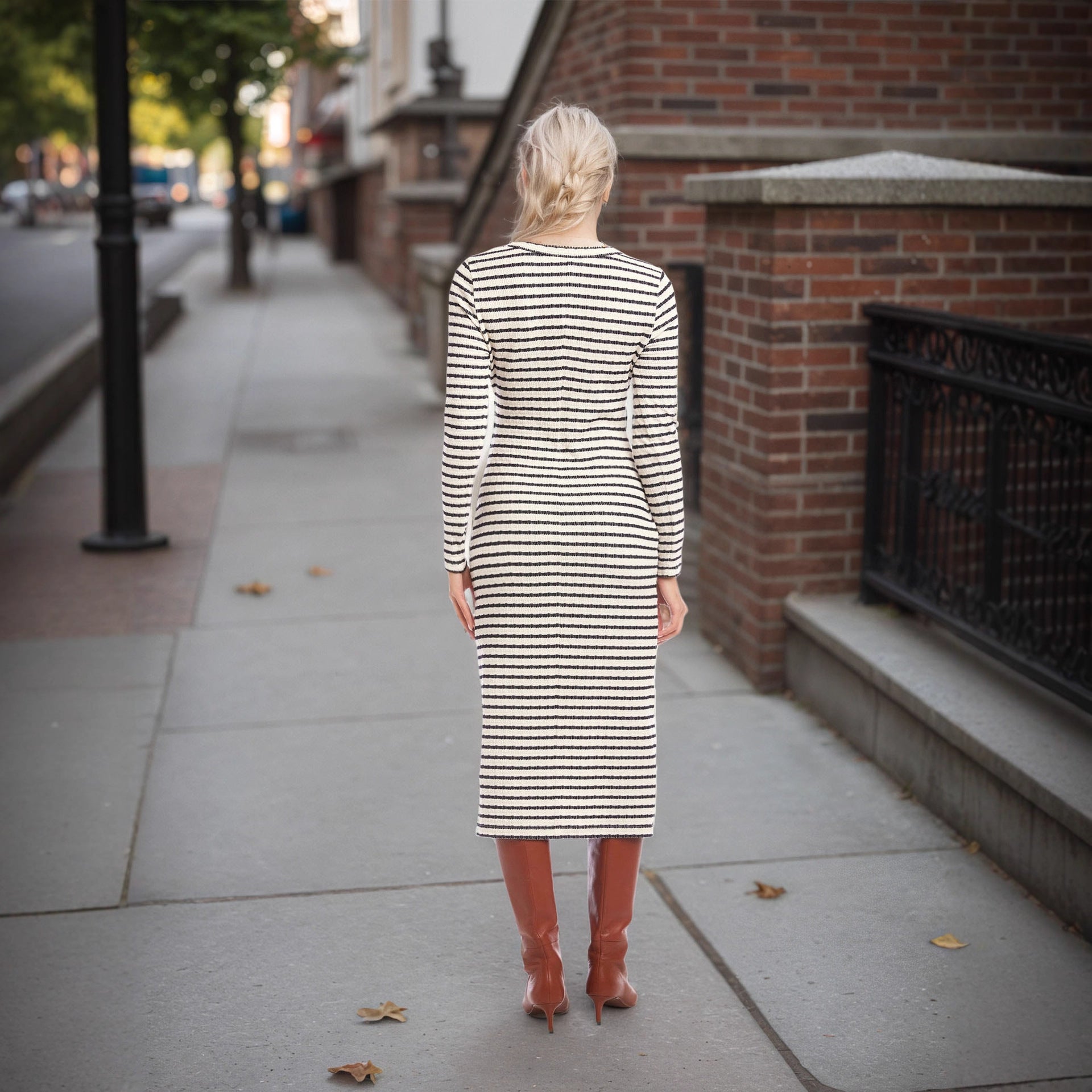 Striped Waist Twist Waist Controlled Slim Fit Slimming Split round Neck Dress by Ragazza