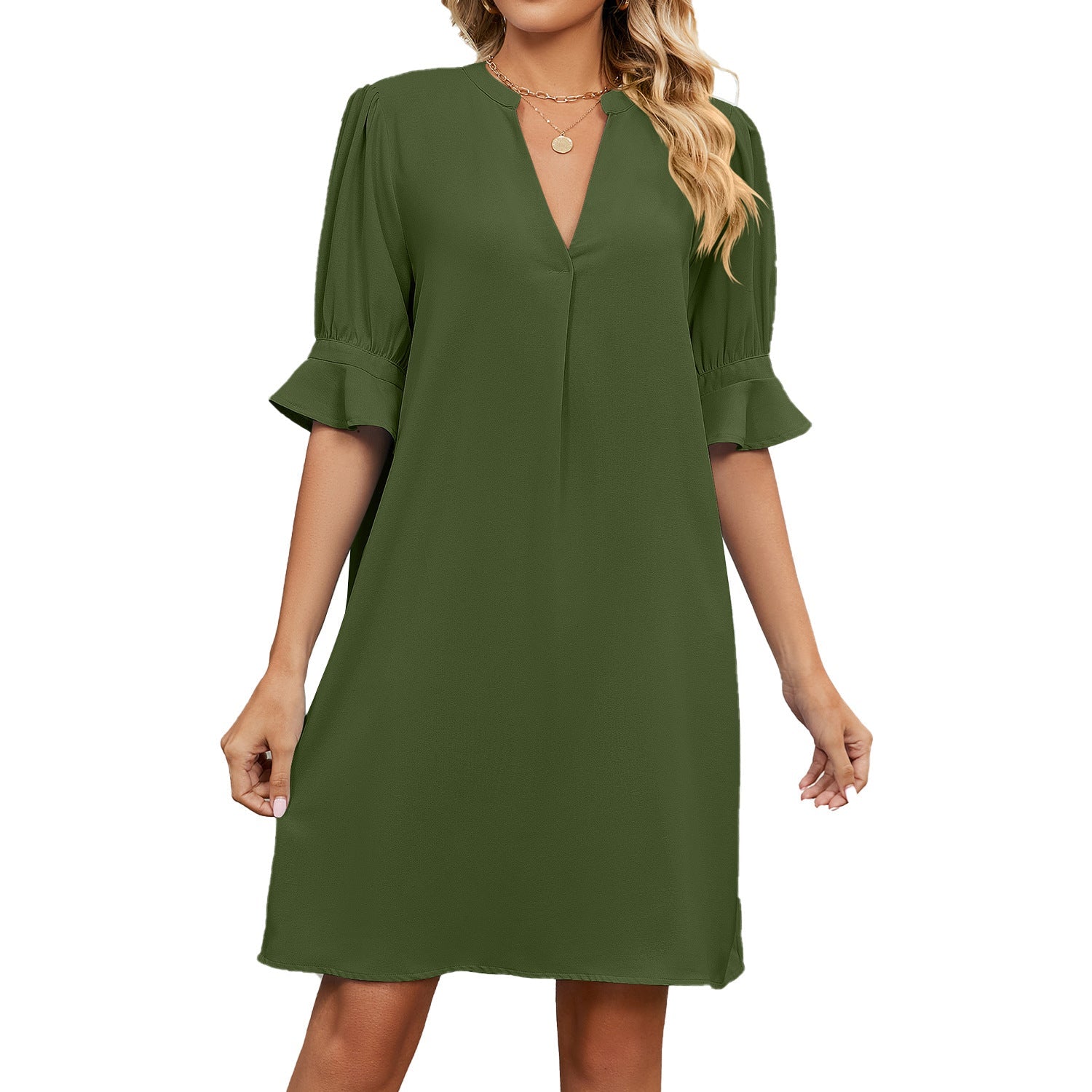 Summer Solid Color V neck Loose Pleated Half Length Sleeve Dress Women by Ragazza