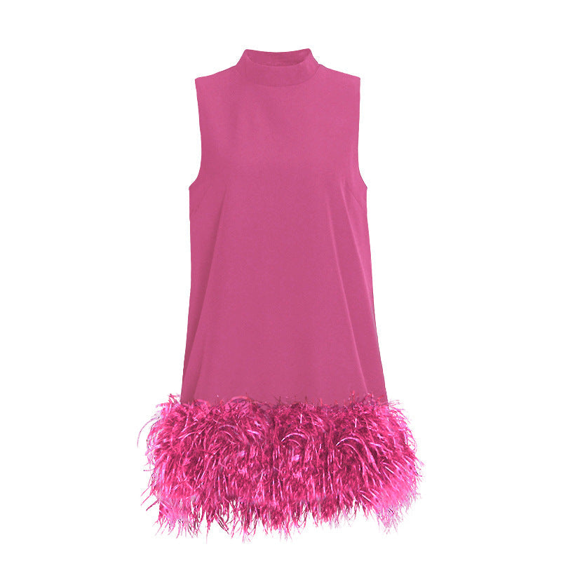 Australian Brand Design Short Autumn Stand Collar Sleeveless Solid Color Stitching Hem Feather Dress by Ragazza