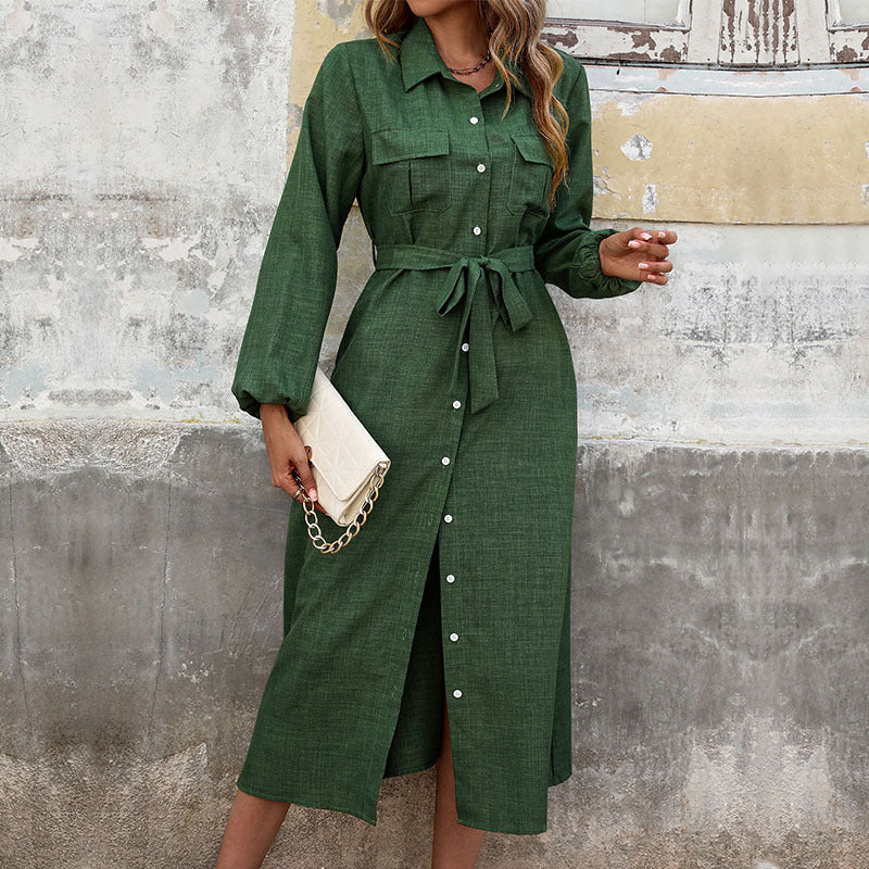 Fall Women Clothing Turn down Collar Green Long Sleeve Solid Color Dress DestGlow