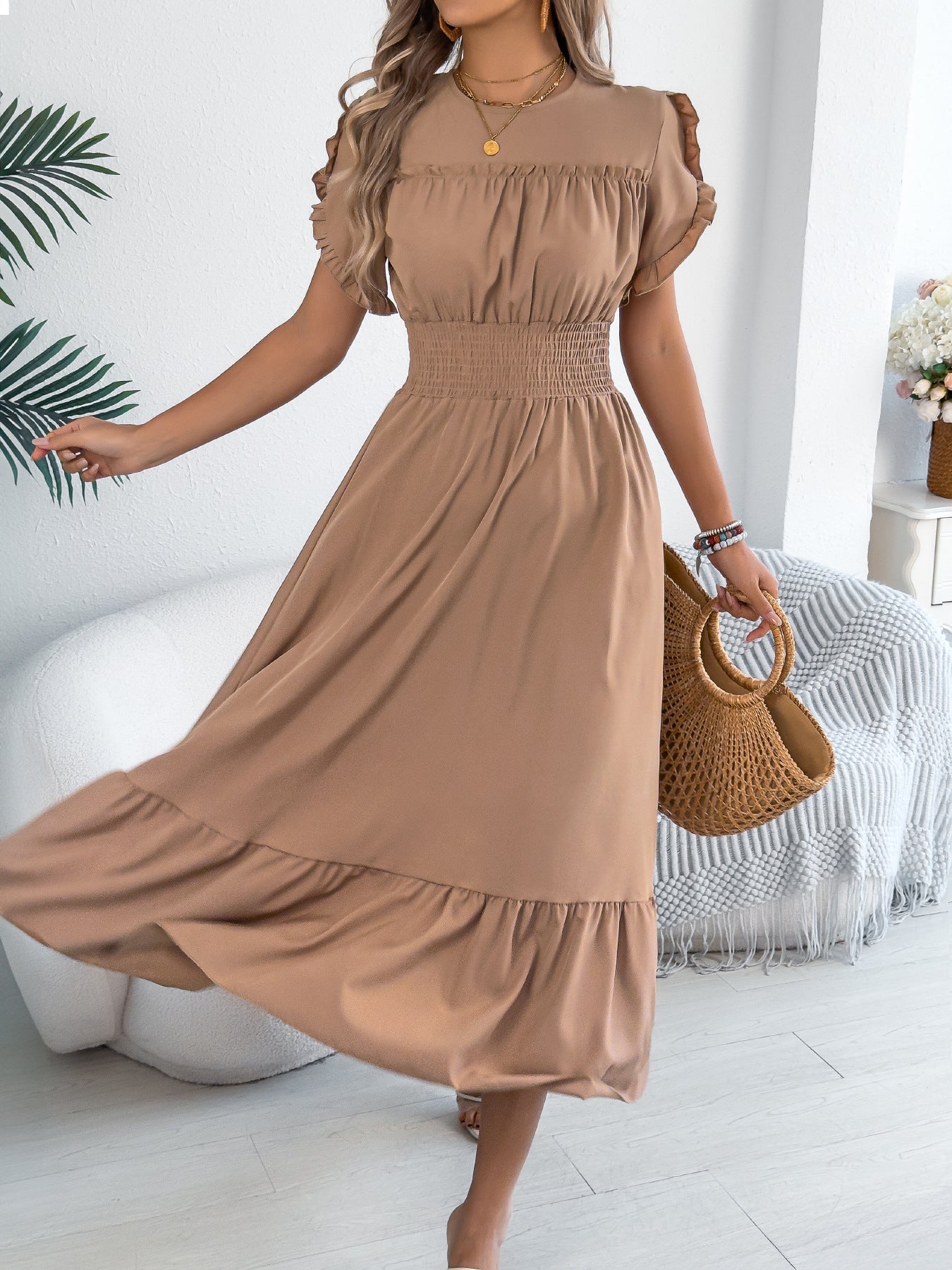 Spring Summer Casual Stringy Selvedge Short Sleeve Smocking Waist Controlled Large Hem Maxi Dress Women Clothing DestGlow