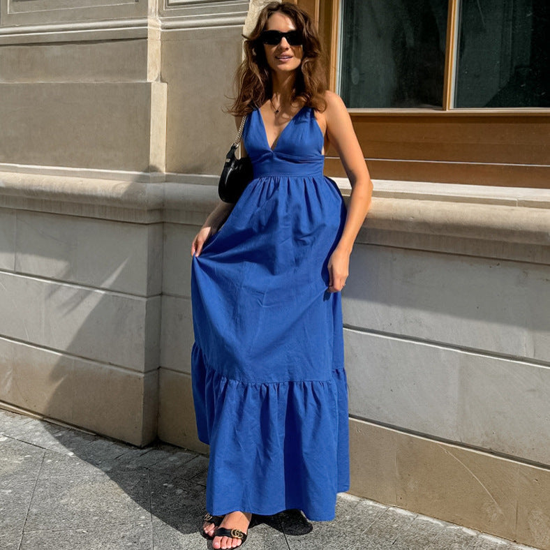 French Vacation Blue Cotton Linen V neck Strap Backless Dress Spring Summer Dress by Ragazza