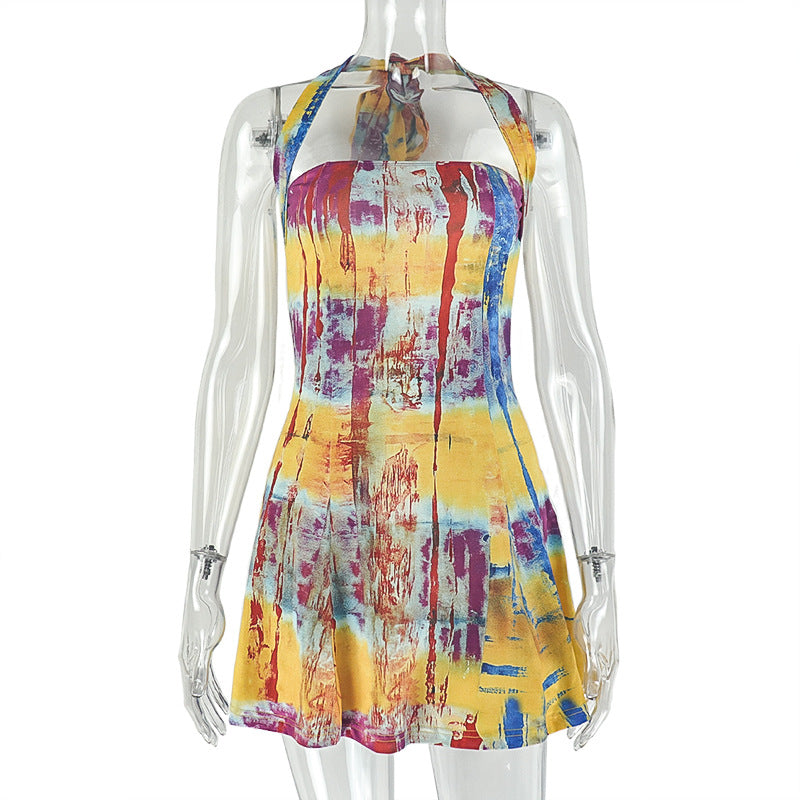 Color Matching Women Printed Wear Tight Waist Slimming A line Dress Street Hanging Collar Short Sleeveless Dress Tide by Ragazza