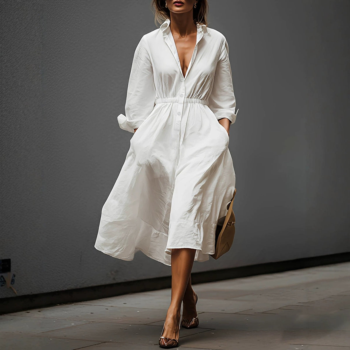 French Casual Elegant Shirtdress Summer Lapels Fitted Waist Pleated Pocket Design Commuting Elegant Dress DestGlow