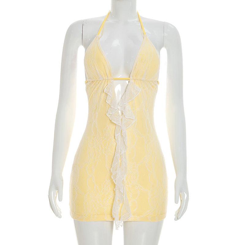 Women Clothing Summer Solid Color Sexy Hollow Out Cutout Out Backless Sleeveless Lace Mini Short Dress DestGlow