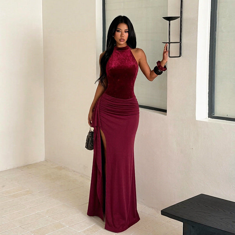 Halter Sequined Elegant Dress Sexy Split Pleated Dress for Women DestGlow