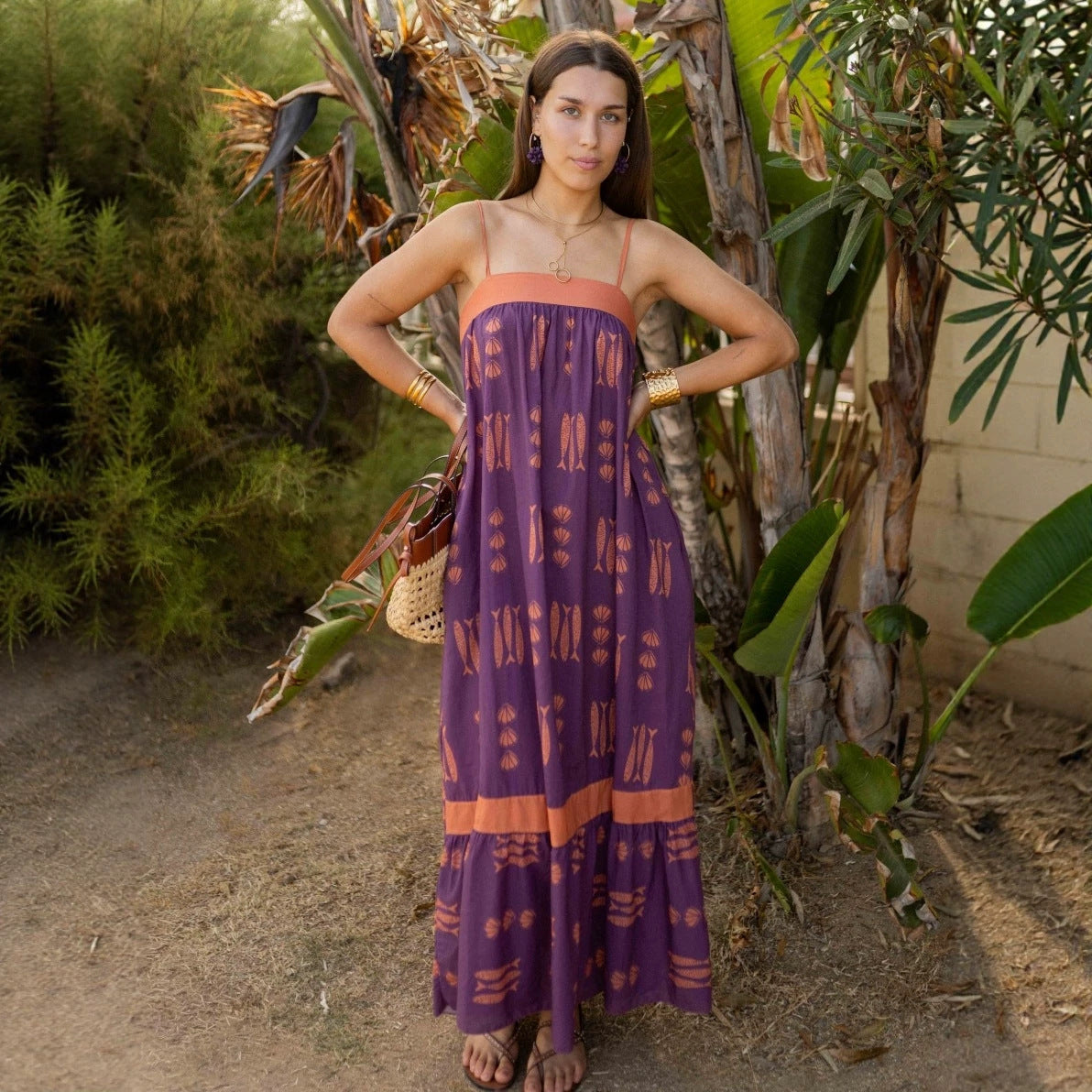 Dress Color Matching Print Holiday Large Swing Strap Dress for Women DestGlow