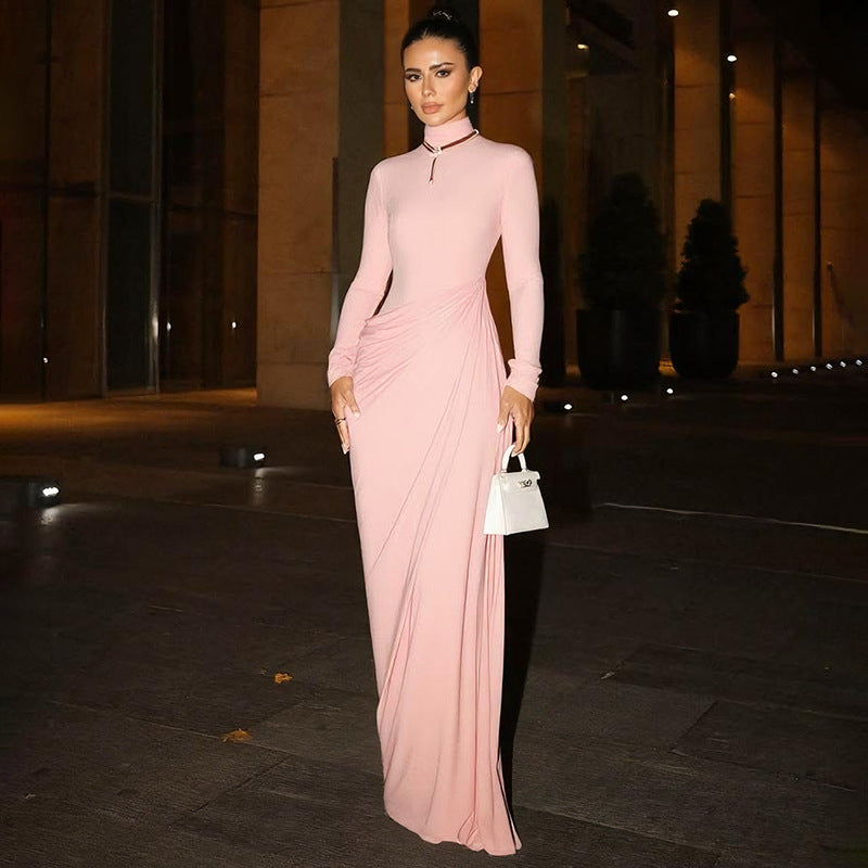 French Women Autumn Sexy Slim Fit Backless Button Solid Color Long Sleeve Dress by Ragazza
