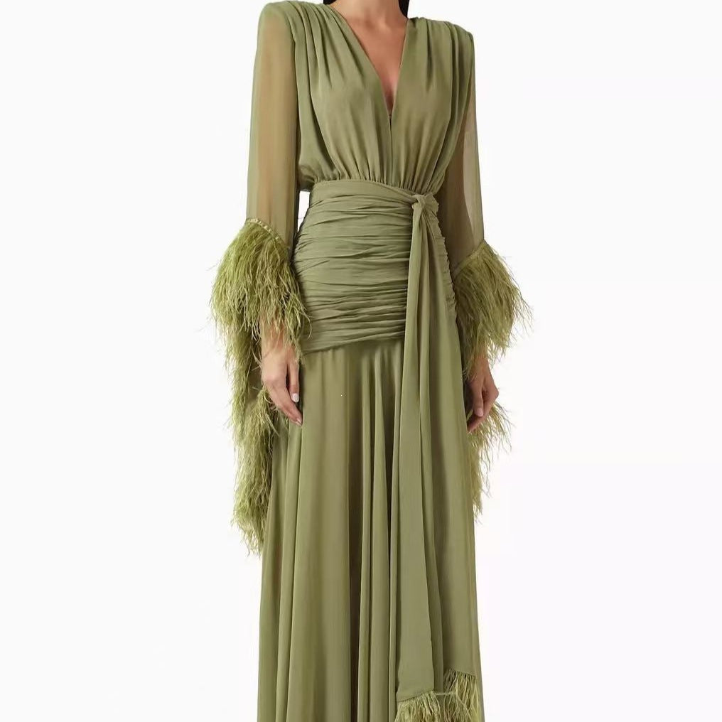 Spring Solid Color Evening Dress Long Sleeve Slim Dress DestGlow