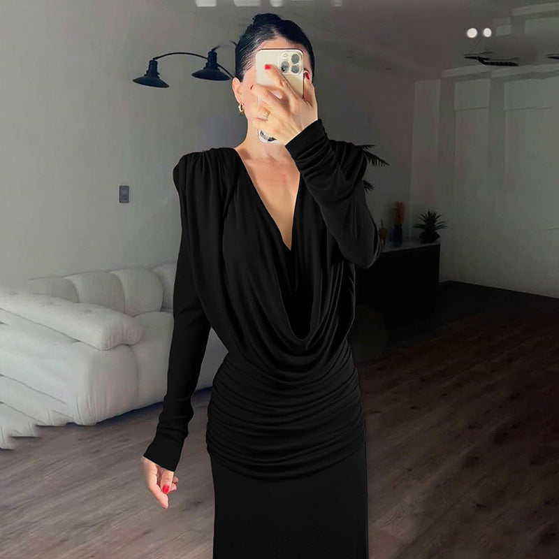 Fall Women Clothing Sexy Backless Swing Collar Slim Pleated Solid Color Long Sleeve Dress by Ragazza