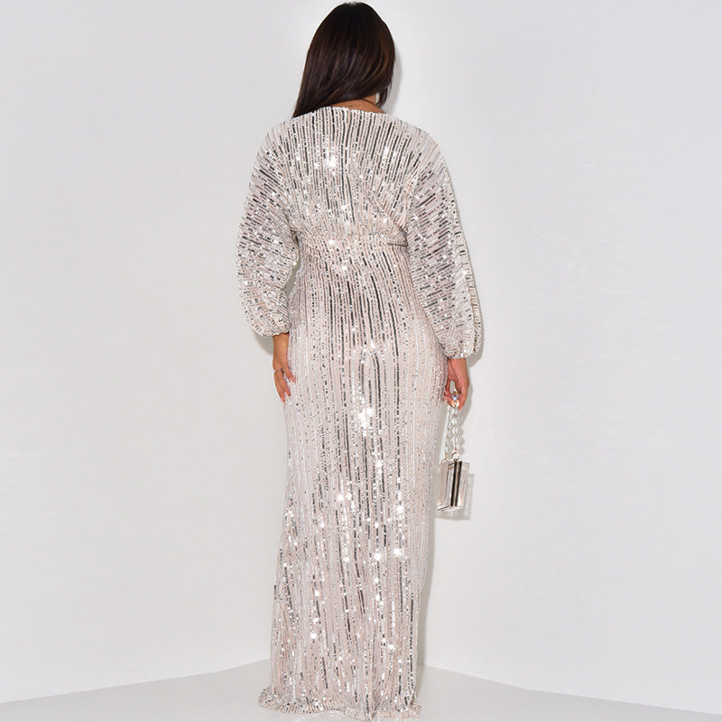 Women Dress Dress Sequined Long Sleeve V Neck Sexy Sequin Maxi Dress DestGlow