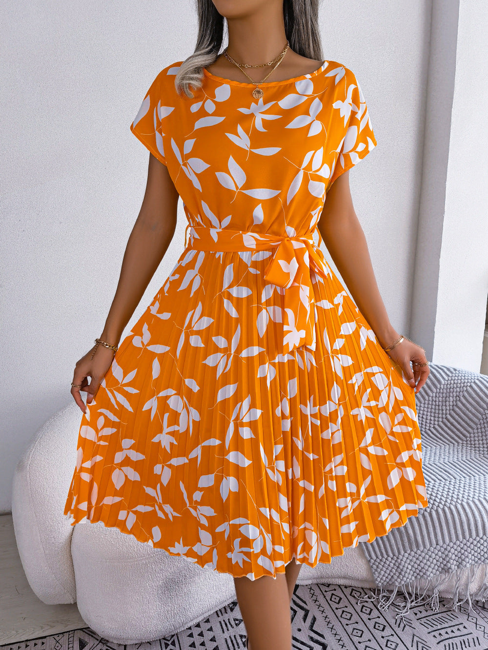 Spring Summer Casual Leaves Short Sleeve Large Swing Pleated Dress Women Clothing by Ragazza