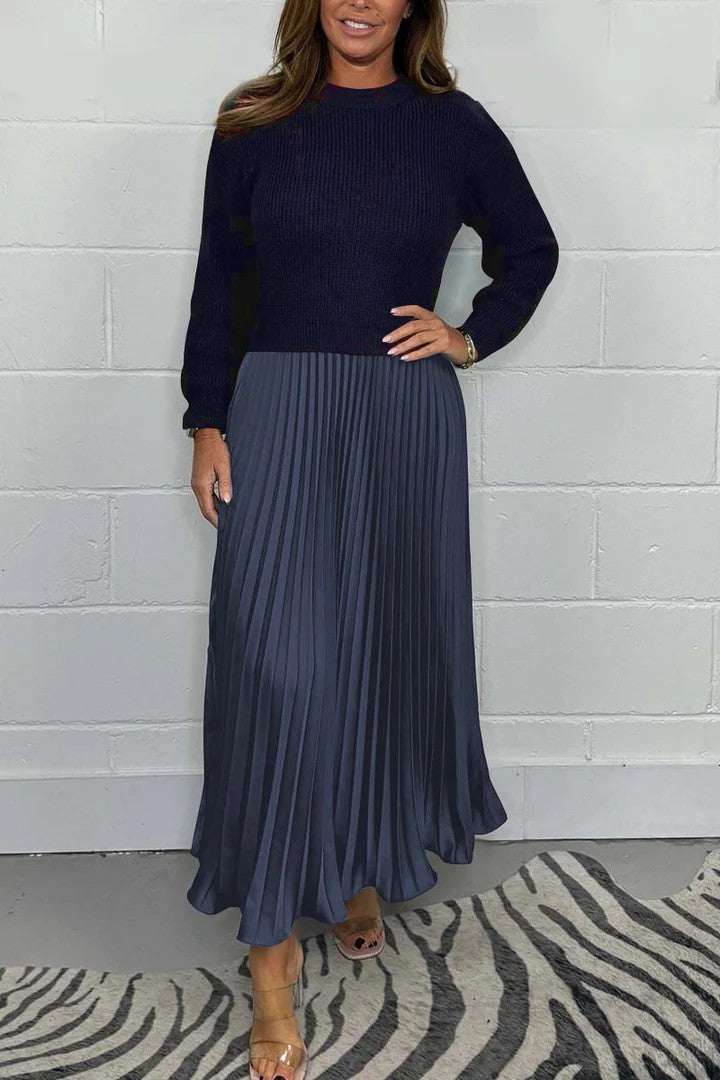 New Autumn Winter Women round Neck Top Sunken Stripe Pleated Dress