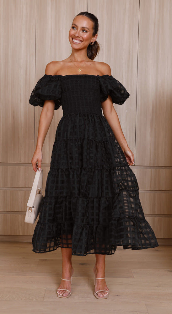 Women One Neck Lantern Sleeve Layer Stitching Dress by Ragazza