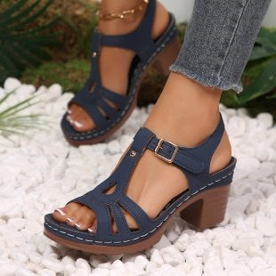 Wedge Open Toe Peep Toe Sandals Women Chunky Heel Buckle Hollow Out Cutout out Beach Slippers DestGlow