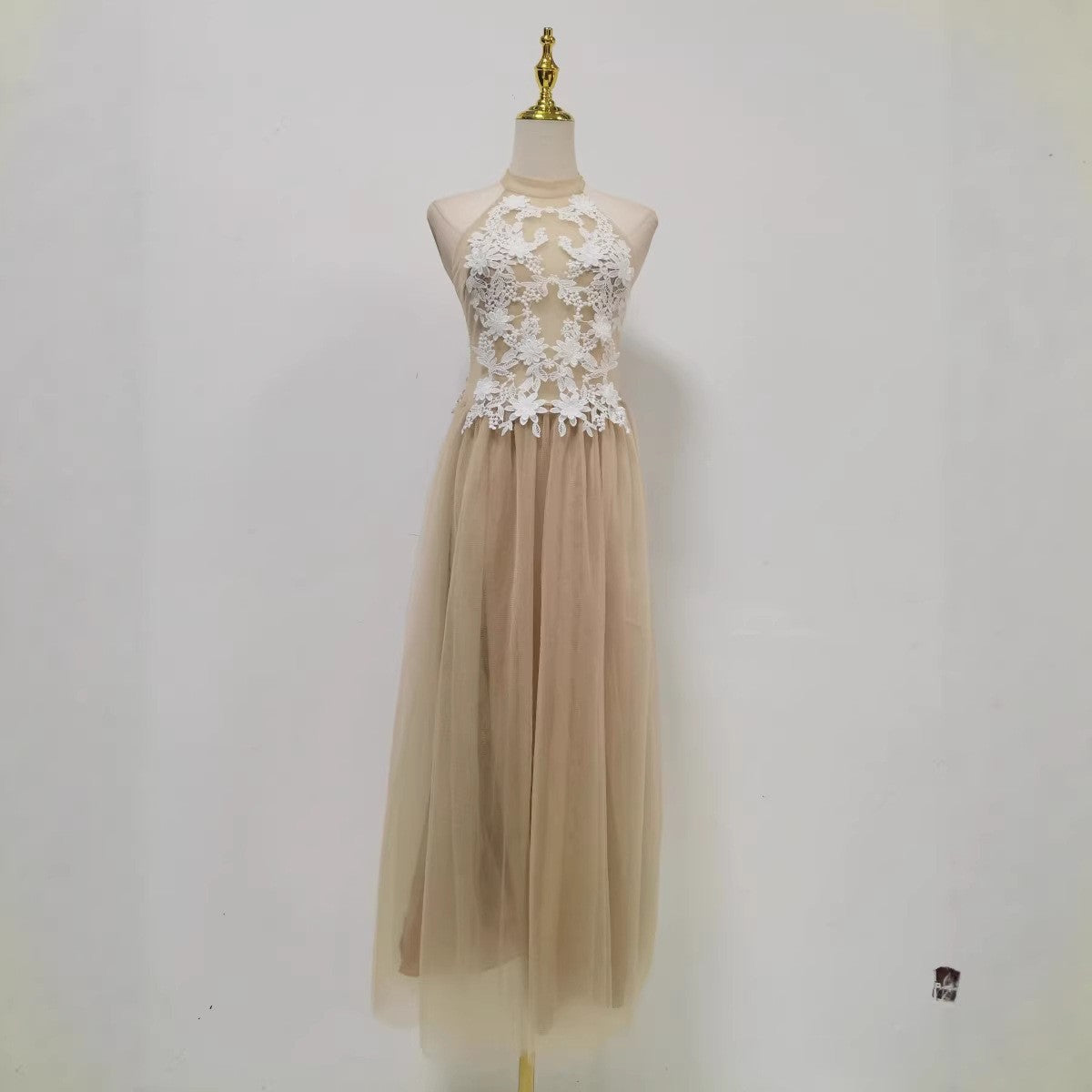 Summer Elegant Retro Halter Dress Waist Slimming Patchwork Craft Solid Color Tulle Dress by Ragazza