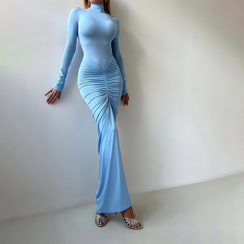 Women Clothing Autumn Solid Color Elegant Slim Slimming Pleated Turtleneck Long Sleeve Dress by Ragazza
