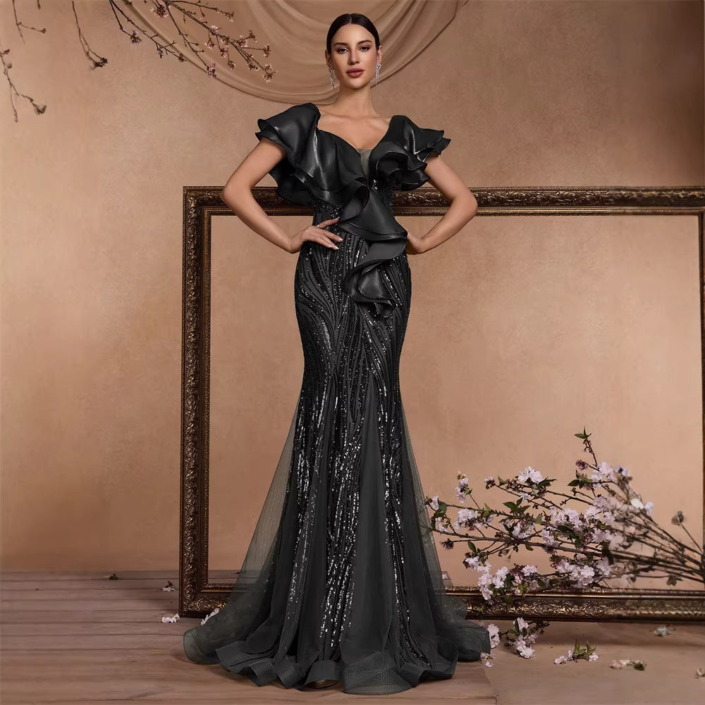 Elegant Ruffle Sleeve Sequin Elegant Cocktail Party Dinner Dress Backless Luxury Fishtail Graduation Evening by Ragazza