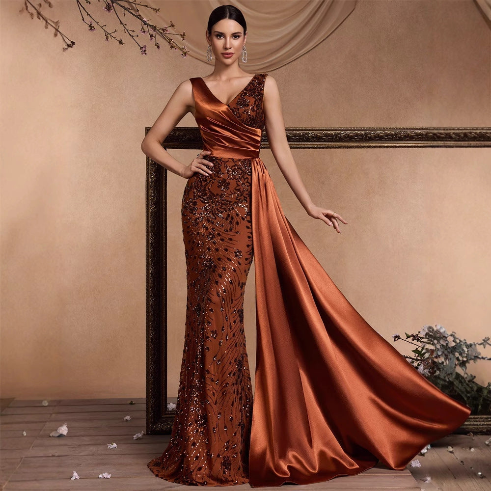 Elegant Sequin Stitching Fit V neck Sleeveless Elegant Gorgeous Noble Cocktail Party Formal Dinner Dress by Ragazza