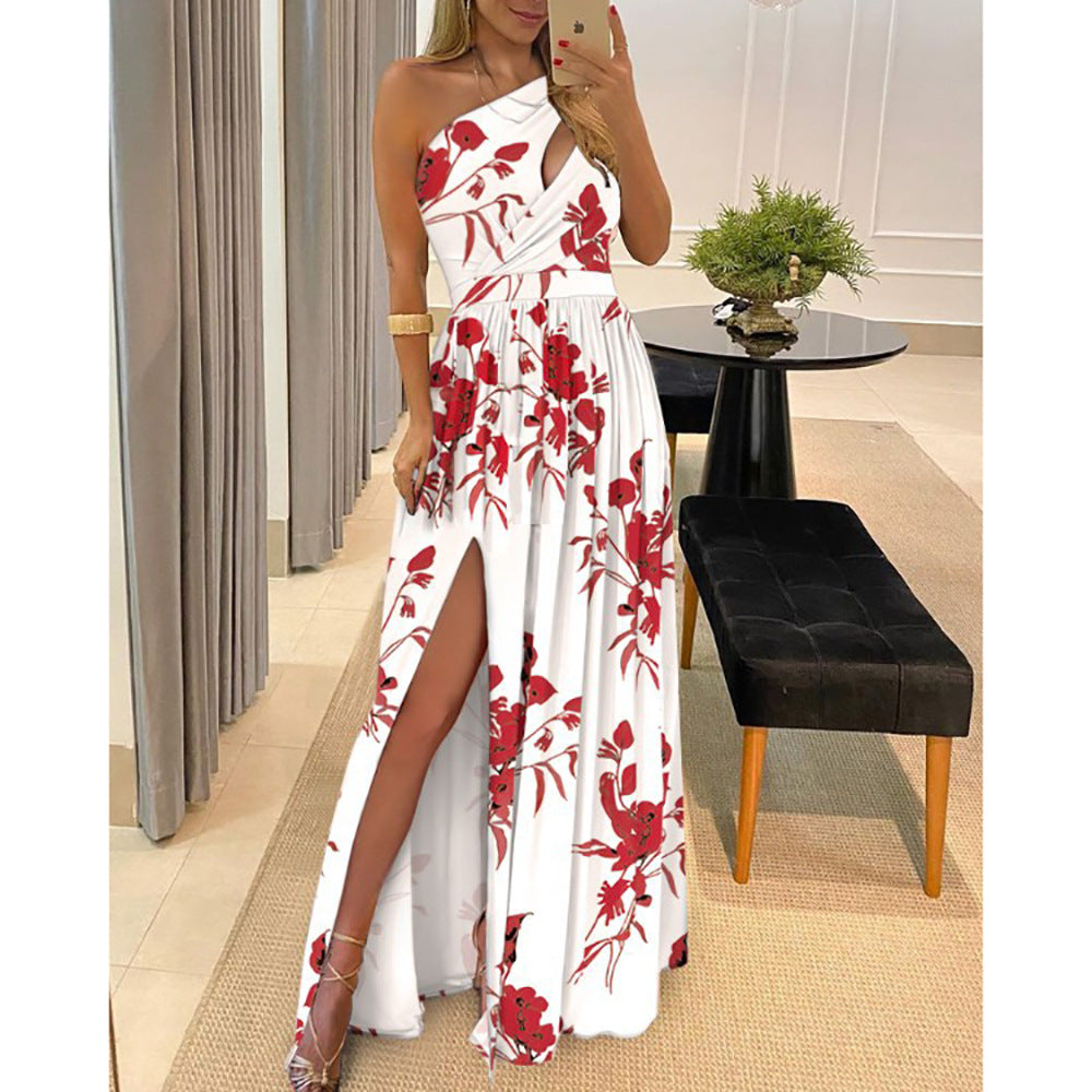 Women Clothing Slant Shoulder Dress Elegance Sleeveless Sexy High Waist Split Dress by Ragazza