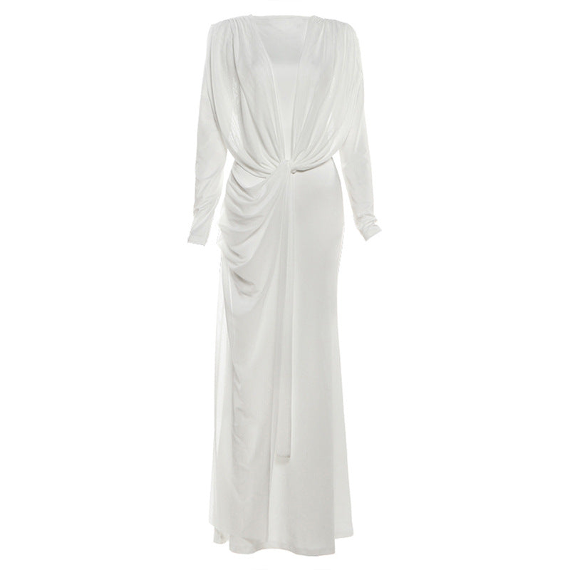 Autumn Winter Sexy Slim Fit Irregular Asymmetric Mesh Maxi Dress Solid Color Dress for Women DestGlow