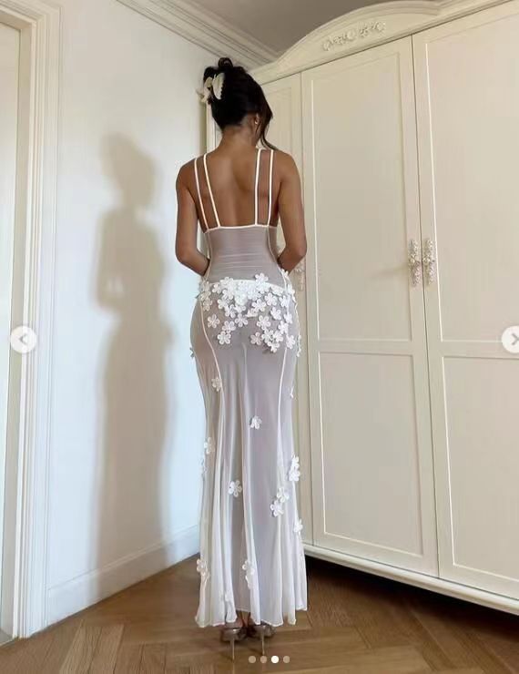 Women V neck Lace Stitching Sleeveless Waist Hollow Out Cutout Lace Dress by Ragazza