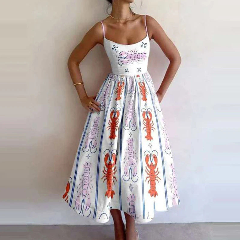 Spring Women Clothing Printing Pleated Waist Tight Large Swing Sling Dress by Ragazza
