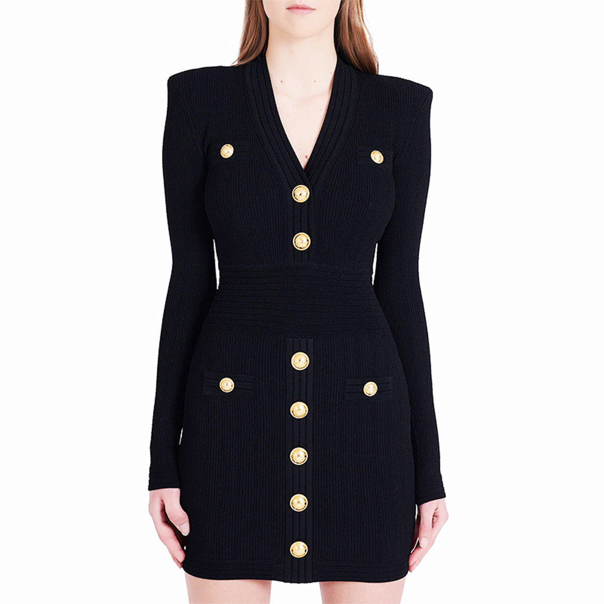 High Quality Knitted Fabric V neck Slim Fit Slimming Long Sleeves Dress by Ragazza