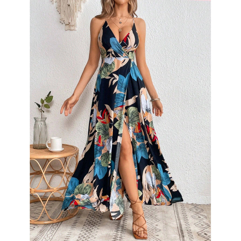 Real Shot Tropical Printing Thigh Fork Sling Dress by Ragazza