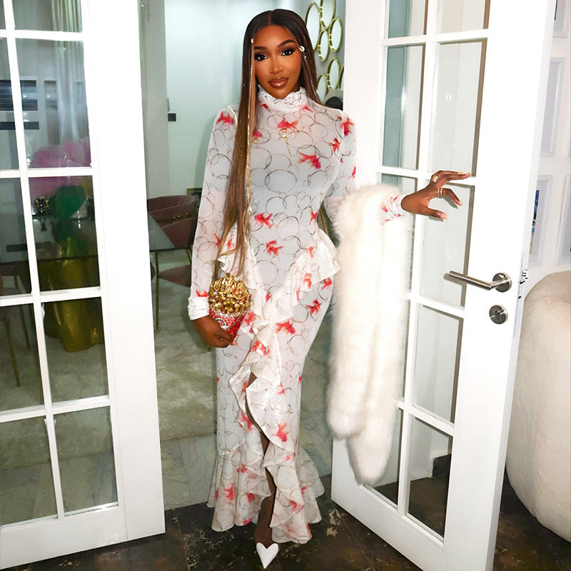Women Clothing Fresh Printed Long Sleeve Pleated Hip Turtleneck Ruffled Split Maxi Dress by Ragazza