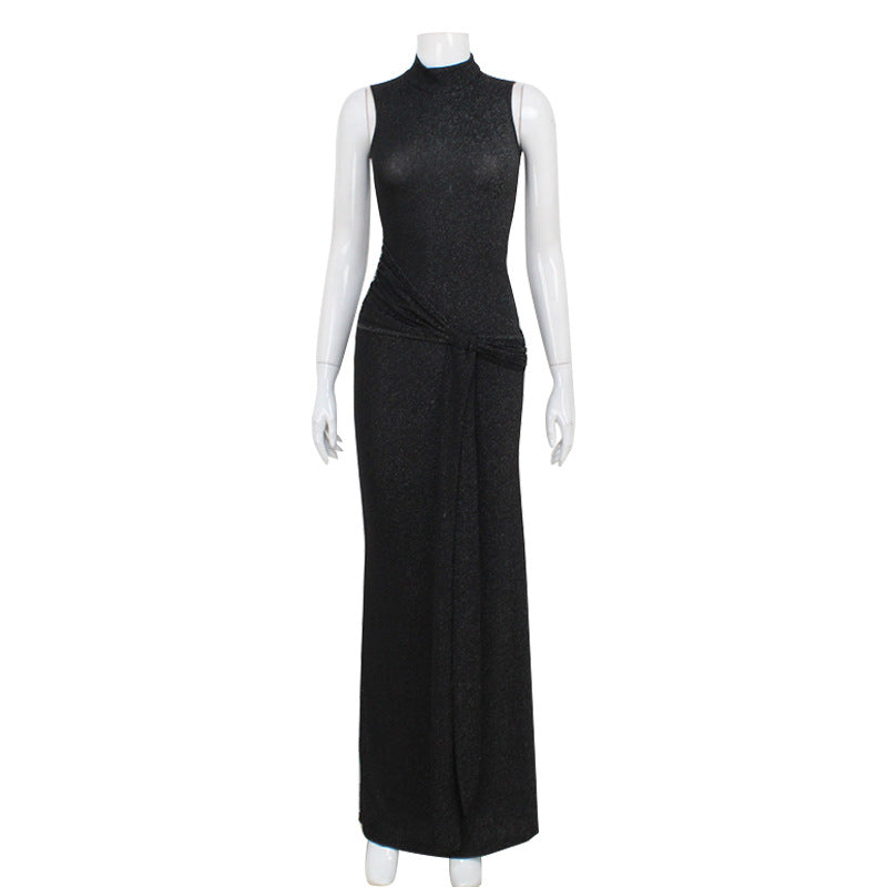 Sleeveless Half Turtleneck Sexy Bright Silk Stitching Ribbon Slim Fit Elegant Dress DestGlow