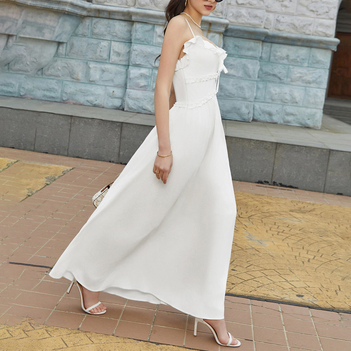 Summer Cool Ice Velvet Crepe Fabric Cami Dress Sexy V neck Flounce Decoration Slim Fit Maxi Dress DestGlow