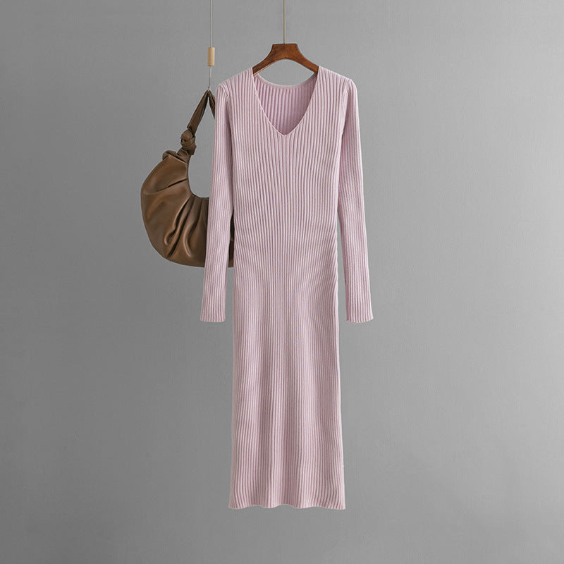 Autumn Winter V neck Knitted Dress Outer Wear Straight Slimming Long Sleeve Sunken Stripe Slit Base Overknee Sweater Dress by Ragazza